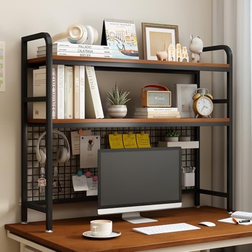 IOTXY 2-Tier Desktop Hutch Bookshelf - Metal Desk Shelf Bookcase with Grid Panel, Countertop Storage Organizer Rack for Dorm or Office, Black, 45.3