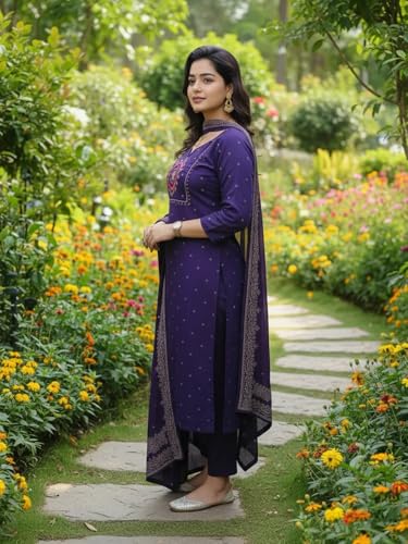 Image of ANNI Designer Women's Rayon Viscose Straight Embroidered Kurta with Pant and Dupatta | Ethnic Kurta Set for Festive, Office