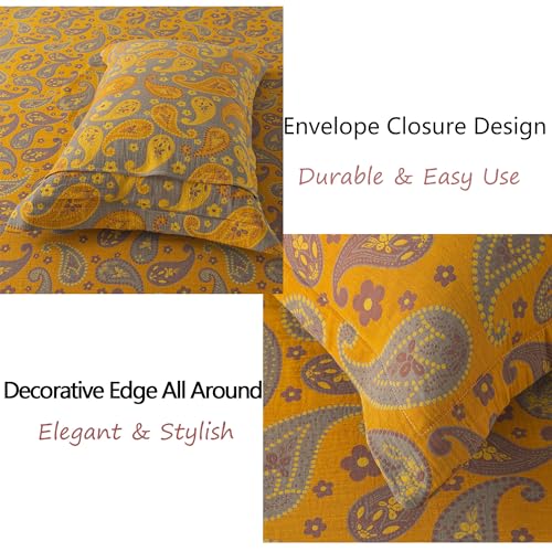 Image of FADFAY Paisley Sheets Set King Vintage Yellow Grey Floral Bedding Shabby Farmhouse Bedding Super Soft Washed Double -Layer Muslin Sheets Luxury 100% Cotton Deep Pocket Fitted Sheet 4Pcs, King Size