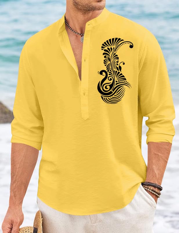 Image of FINIVO FASHION Men's Printed Cotton Blend Short Kurta with Artistic Chest Design | Stylish Full Sleeve Casual Kurta with Mandarin Collar for Daily, Travel Soft Textured