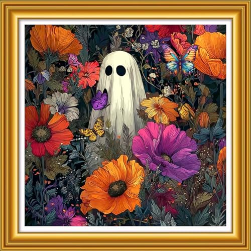 Image of Foxhool Stamped Cross Stitch Kits,11CT Printed Cross Stitch Pattern Full Embroidery Kits for Beginner Needlepoint Kits& Colorful Flower Ghost 18x18 inch