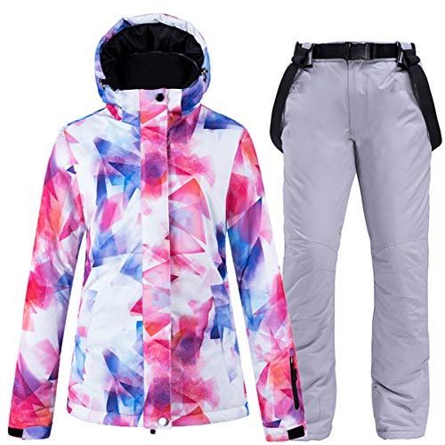 2 Pcs Women's Ski Jacket Outdoor Mountain Windproof Waterproof Rose Snow Snowboard Coat with Ski Bib Pants Set L