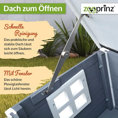 zooprinz Premium Holz Katzenhaus – Katzenkiste mit Dach zum Öffnen, Fenster und Schwingtür – Sisalband an der Katzenbox – Wetterfest für Garten/Balkon – Innen- und Draußen Hütte (Grau-Weiß, Standard)