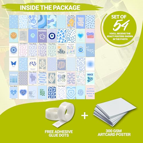 Image of MODERN GALLERY MART Pack of 54 Danish Blue Wall Collage Kit Posters - 4 x 6 Inches Posters for Wall Decoration - Glue Dots Include