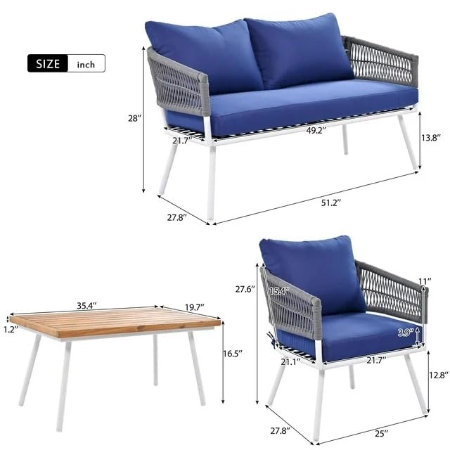 Image of 4 Outdoor Sofa Garden Balcony Sofa Patio Conversation Sofa Set with Coffee Table Wood Top for Living Room Lown Pool Rope Outdoor Chair Set-with-Wood-Table-for-Backyard(Nevy Blue)