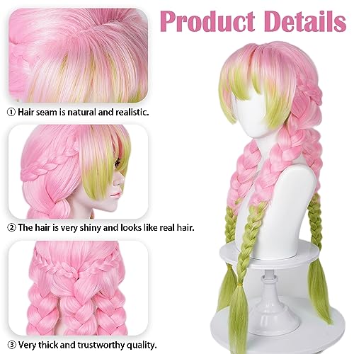 max beauty anime pink and green wig for mitsuri cosplay braided hair wig with pigtails halloween party  cap