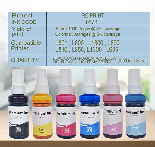 RC PRINT Ink Compatible T673 for Epson L800, L801, L805, L810, L850, L1300, L1800, L605 (Pac k of 6 Colour) 70ml - Image 2