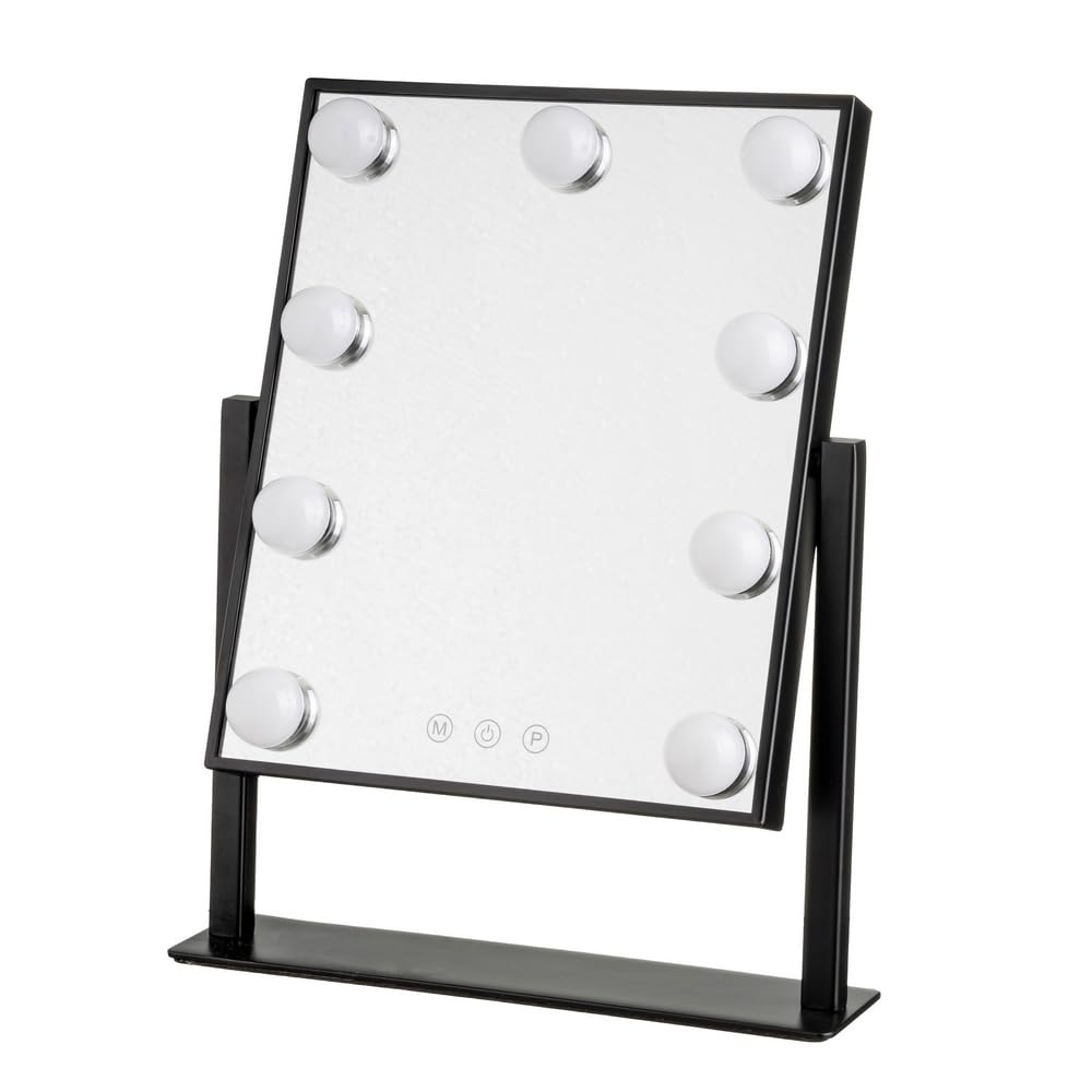 LOLAhome Espejo Maquillaje con luz LED, Espejo de Tocador de Mesa, oscilante 180 °, Encendido Táctil, Intensidad de luz ajustable, Espejo Portátil con Base, Espejo Camerino,Rectangular Bombillas Negro