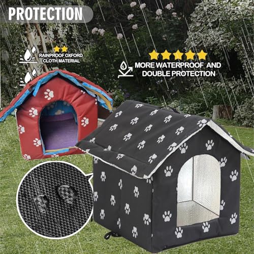 Katzenhaus Outdoor Winterfest, Katzenhöhle für Draußen, Katzenhaus Für Draußen Wasserdicht, Kombiniert isolierte Aluminiumfolie Mit abnehmbarem Transparentem Vorhang (L, Black)