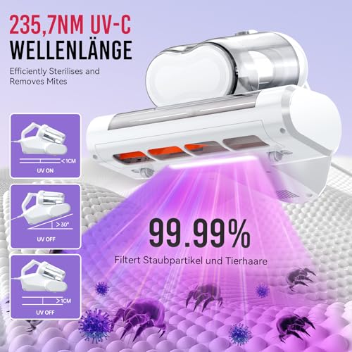 YUFAC Milbensauger für matratzen mit UV-Licht, 16Kpa Matratzenreiniger Bettstaubsauger mit HEPA-Filter Heißluftfunktion Staubmilben-Sensor Ultraschall, 600W Handstaubsauger für Matratze Sofa (Weiß)