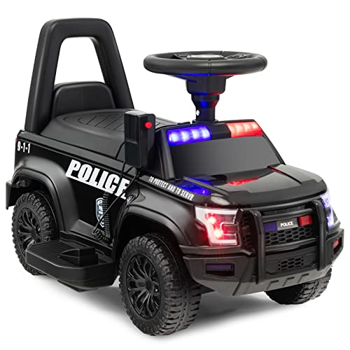 COSTWAY 6V Coche Electrico de Policía para Niños, Coche Batería para Niños con Megáfono Lateral, Bocina, Luz de Alarma y Sonido de Sirena, Reposapiés Ancho, Vehículo para 18-60 Meses (Negro)