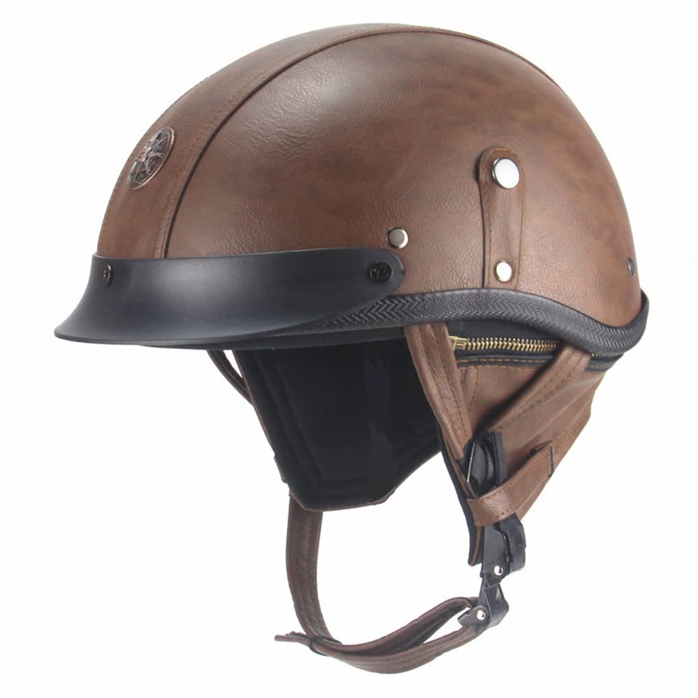 Vintage Motorcycle Half Helmet for Men Women, DOT Approved Retro Leather Open Face Helmet with Sun Visor, Half Shell Helmet for Moped Cruiser Scooter Chopper(M, Brown)