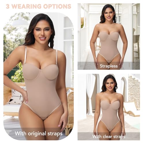 Image of SHAPERIN Women's Tummy Control Shapewear Bodysuits Strapless Low Back Body Shaper with Built-in Bra & Removable Straps