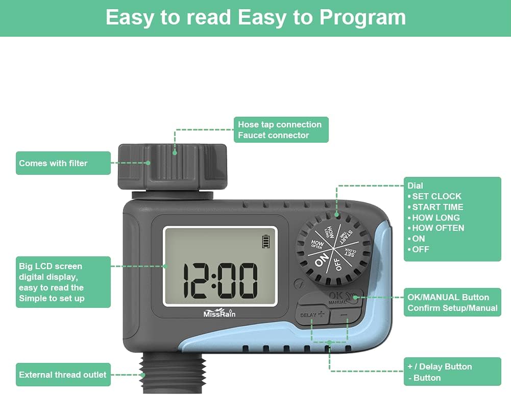 Intelligent Garden Water Timer Automatic Digital Single Outlet Sprinkler Timer Outdoor Lawn Hose Faucet Programmable Irrigation System, Rain Delay Controller Single Outlet : Patio, Lawn & Garden