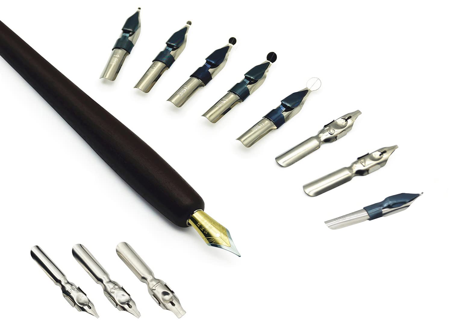 Stylos Plume de Calligraphie en Bois Encre Set, 7 Bouteilles d'encre, Fountain Dip Pen avec 12 Plumes, Porte-stylo Bronze et Manuel Pour Débutants