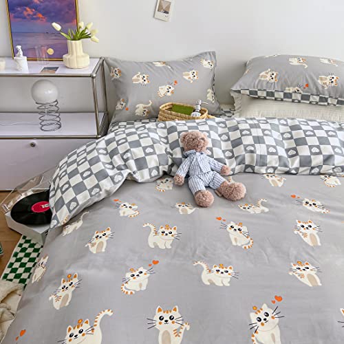 Layenjoy Cats Duvet Cover Set Twin 100% Cotton Bedding Cartoon White Orange Cat Heart Pattern On Gray Grey 1 Cute Animals Comforter Cover With Zipper Closure 2 Pillowcases For Kids Teens Boys Girls #TOP2