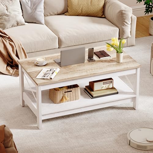 GOOBED Modern Coffee Tables for Living Room with Storage, Farmhouse 2-Tier Rectangular Coffee Table, 39.4" Coffee Table with Ample Storage Ideal for Living Room Home Office, Gray Wash
