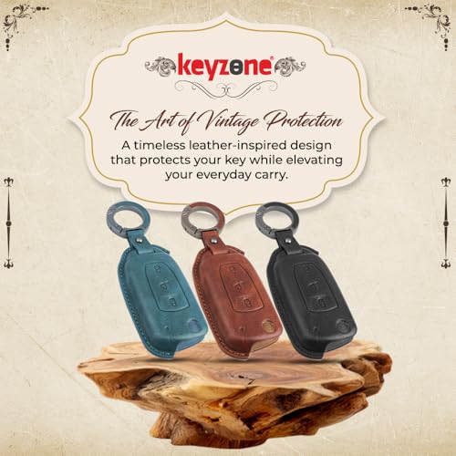 Image of keyzone dual leather key cover for Tata Curvv, Nexon, Harrier, Altroz, Punch, Safari, Tigor, Tiago, Zest, Bolt 3 button flip key