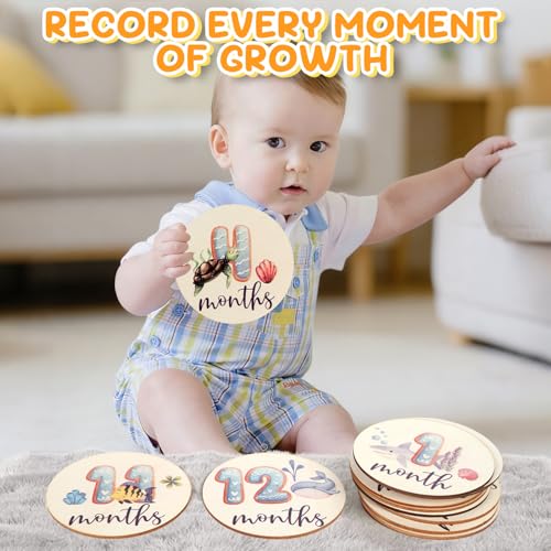 Image of Pregnancy and Baby Shower Gift, Baby Monthly Milestone Cards with Animal Print Milestone Wood Plates Includes Birth Notice Sign for Boy /Girl (SeaAnimals Print)