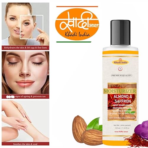 Image of Swadeshi Khadi Herbals Almond & Saffron Advanced Nourishing Body Lotion (210ml) | Non Sticky Body Moisturizer With Vitamin E & Natural Sunscreen | Winter Body Lotion For Dry Skin