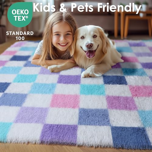 Image of KICMOR Purple Rainbow 5x8 Area Rug for Living Room, Fluffy Soft Colorful Checkered Rug Fuzzy Shag Shaggy Bedroom Carpet, Cute Indoor Plush Rugs for Teen Kids Girls Dorm Nursery Home Decor Aesthetic