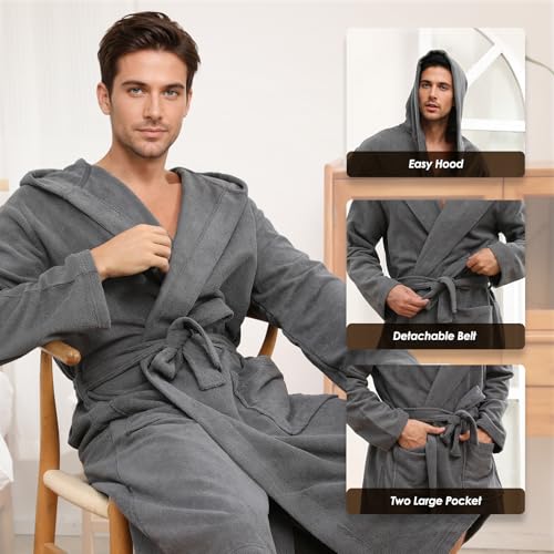 Mens Hooded Absorbent Terry Cloth Robe All Season Knee Length Design Kimono Spa Bathrobe3