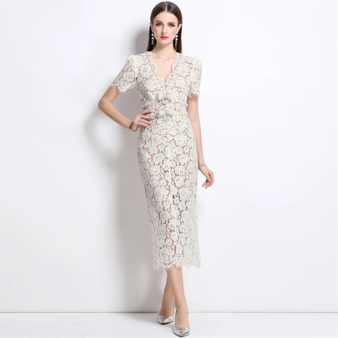 Women Summer Elegant Short Sleeve Hollow Out Pearl Embroidery Midi Long Lace Evening Formal Dress