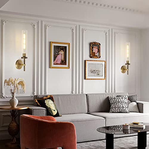 Zhtiechui Brass Wall Sconces Set Of Two, Glass Tube Sconces Wall Lighting, Gold Bathroom Vanity Light Fixtures, Wall Lights For Living Room Bedroom Hallway Kitchen Bathroom Mirror (Including Bulb) #TOP5