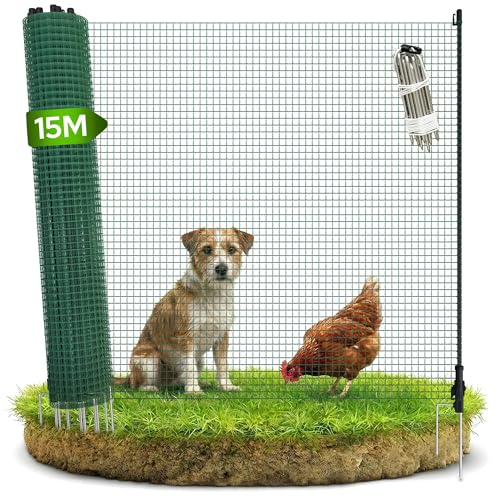 Arebos Recinzione da giardino mobile 15 m | Rete di recinzione flessibile alta 90 cm con 9 pali | Per cani, polli e piccoli animali | Resistente alle intemperie