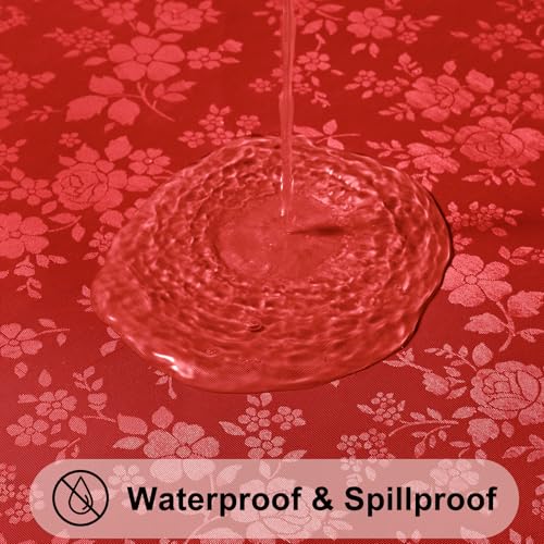 Image of Smiry Waterproof Heavy Duty Vinyl Fitted Tablecloth for 45 inch-56 inch Round Table | Elastic Plastic Table Cloth, Wipeable Washable Floral Patio Table Cover for Picnic, Kitchen and Dining, Red
