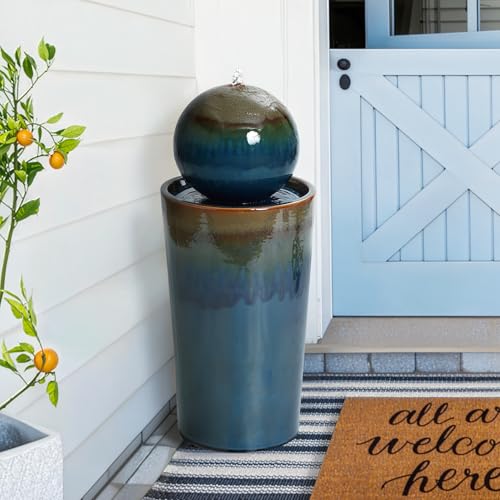 LuxenHome 30" Water Fountain Outdoor and Indoor, Glazed Blue Bubbling