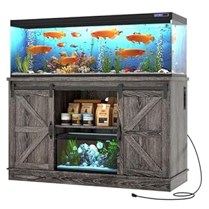 Farmhouse 55-75 Gallon Fish Tank Stand with Power Outlet, Aquarium Stand with Cabinet&Sliding Barn Door, Heavy Duty Reptile Tank Stand for 2 Fish Tank/Turtle Tank/Reptile Terrarium, Grey
