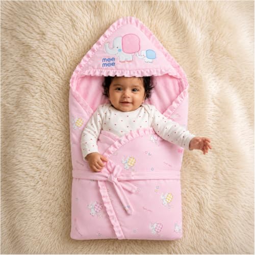 Image of Mee Mee 3-in-1 Baby Wrapper & Carry Nest for Newborns | Soft Breathable Cotton Swaddle with Hood and Cushion | Adjustable Tie-Up Design | Lightweight, Cozy & Easy to Carry (0-6 Months) (Pink)