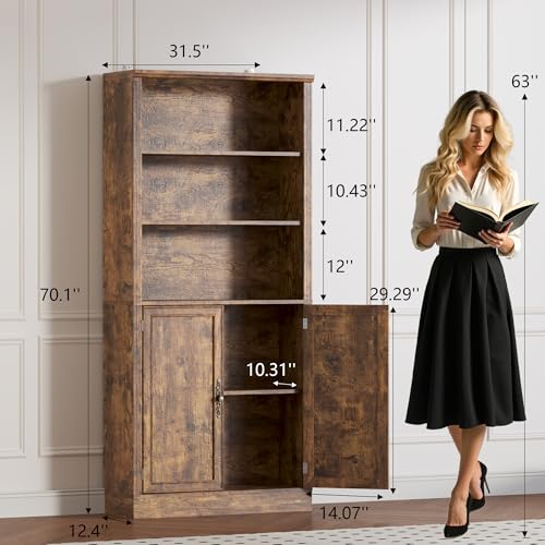 Image of BORNOON 70.1 inch Tall Bookshelf with Cabinet, 5-Tier Floor Standing Bookcase with Doors & Adjustable Shelves, 31.5 inch Wide Storage Shelf, Metal Handles, Modern Organizer for Home Office, Living Room