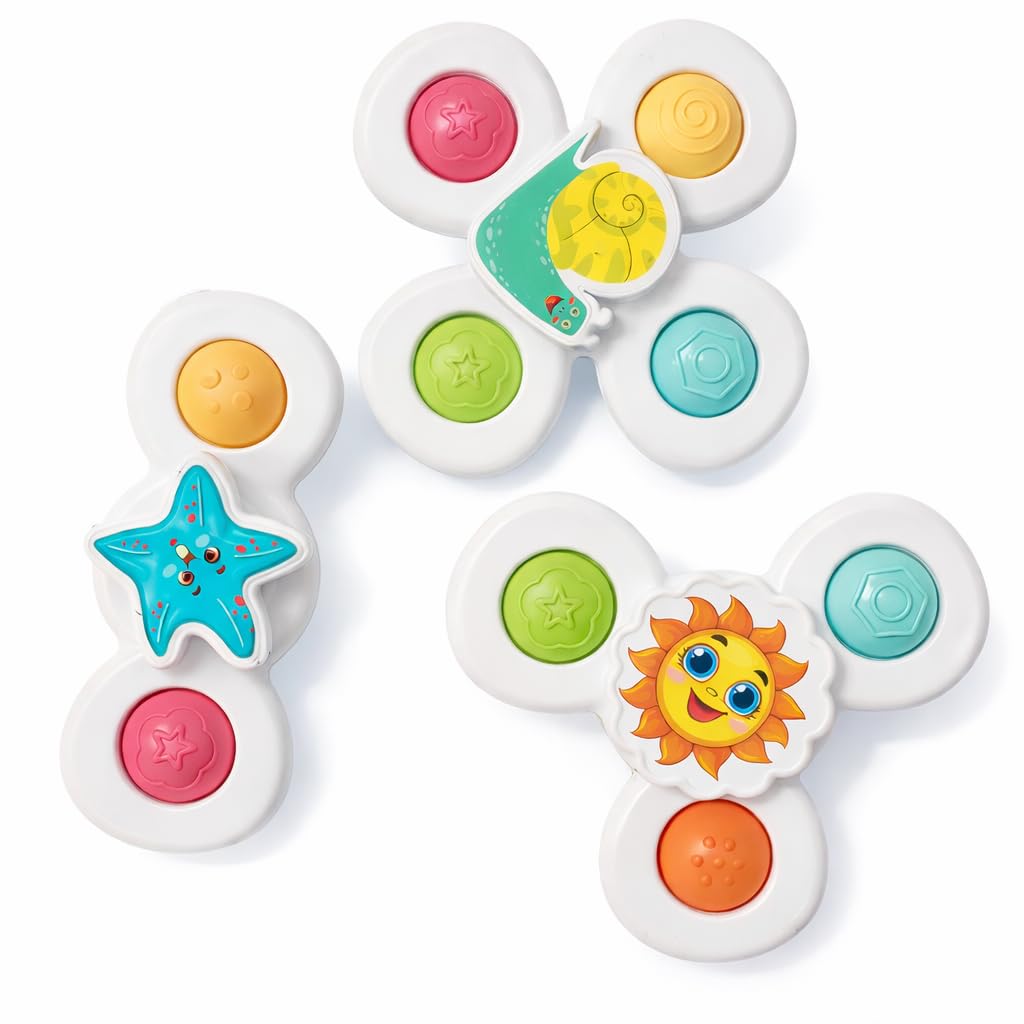 PB Prime Brands Strong Suction Cup Fidget Rotating Sensory Bath Toys for Baby 6 12 18 Months Airplane Car Travel Table & Window Toys for 1 2 Years Old Toddler Boys and Girls (Sun Spinner Popit)