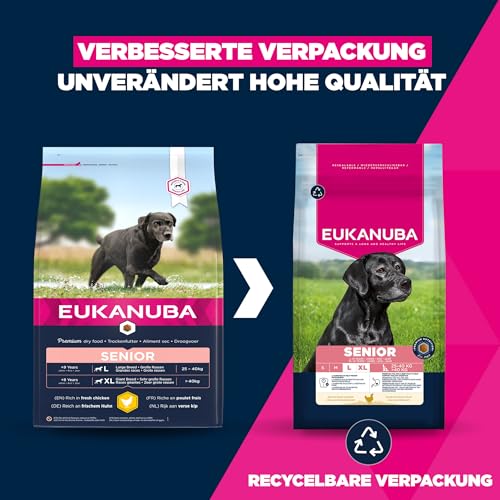 Eukanuba Hundefutter mit frischem Huhn für große Rassen, Premium Trockenfutter für Senior Hunde, 15 kg