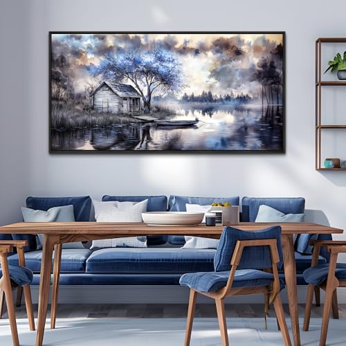 ERQINHUA Large Wall Decor For Living Room Canvas Wall Art For Office Bedroom Blue Tree Lakeside Landscape Painting Black Frame Artwork Pictures Modern Beach Posters Ready To Hang Home Decor 30"x60"