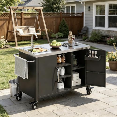 Cozyluminae 55.5" Outdoor Kitchen Island with Sink, Metal Grill Cart Table with 304 Stainless Steel Sink, Bar Cart Sink Station with Faucet & 4 Lockable Wheels for Pizza Prep & BBQ