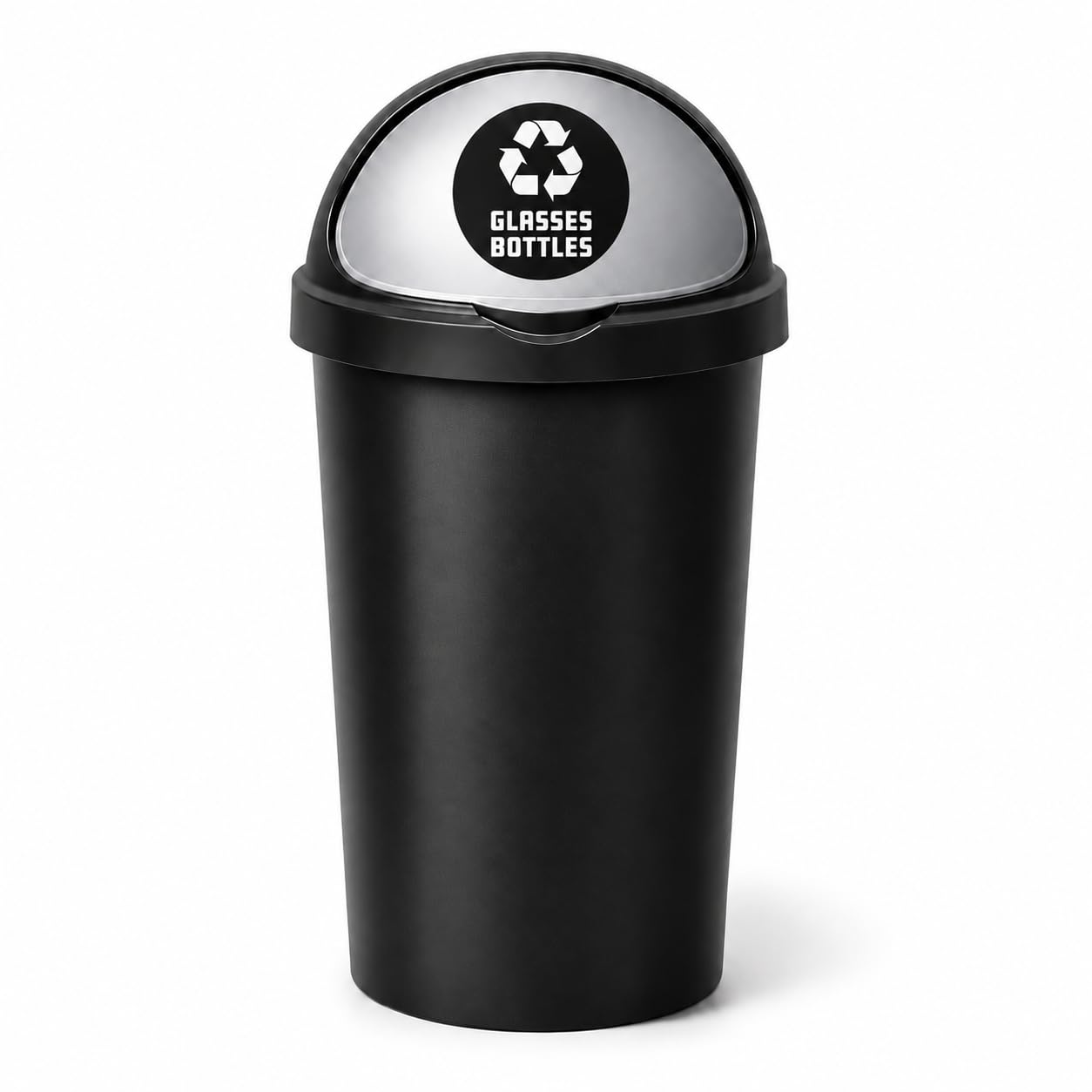SPECTRAPLAST® 50L Bullet Bin with Coloured Lid & Sticker, Large Kitchen Rubbish Bin, Plastic Waste Bin for Home, Office, Bathroom & Utility Room, Indoor Recycling Dustbin (SILVER, GLASSES BOTTLES)