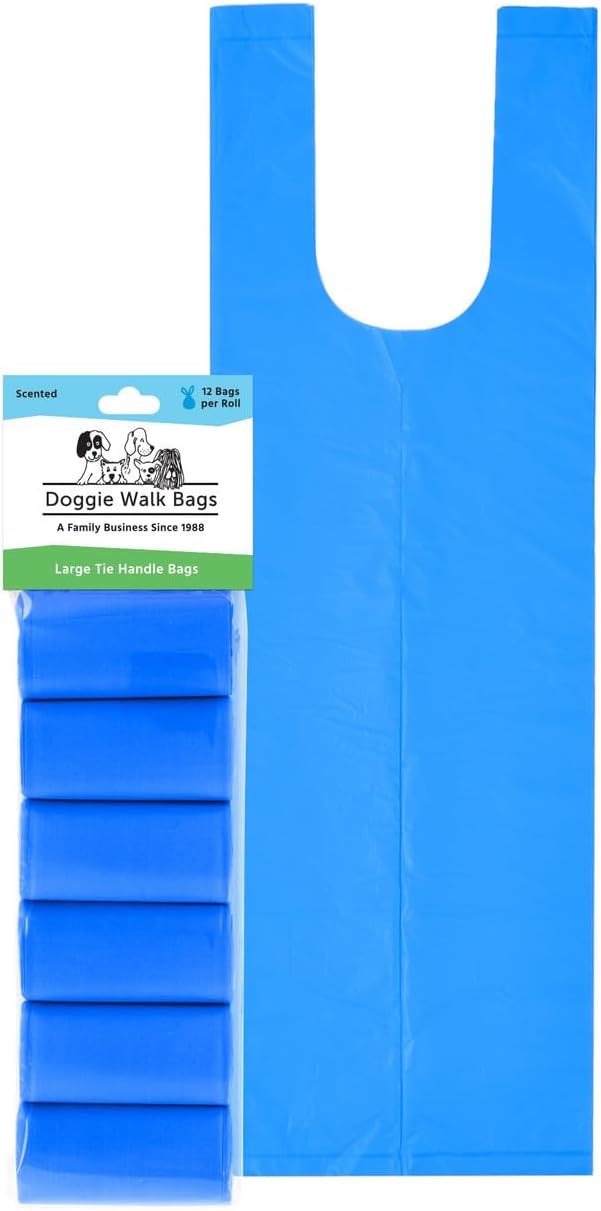 Doggie Walk Bags Large Dog Waste Bags on a Roll with Easy Tie Handles, Extra Thick and Strong Poop Bags, 72 Count, Scented, 5.5 x 5.5 x 17 Inches