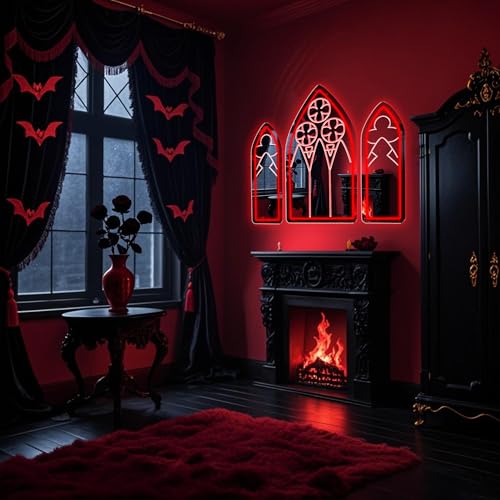 Image of Gothic Neon Sign, Medieval Goth LED Mirror Sign Set, Window Mirror Signs for Wall Decor, Gothic Cathedral Decor, Witch Mirrors 20″ x 11.7″