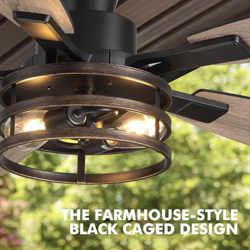 Image of 52 Inch Flush Mount Ceiling Fans with Lights and Remote Control, Low Profile Farmhouse Ceiling Fan for Bedroom Living Room and Patio, Black Caged Ceiling Fan for Indoor and Outdoor(No Bulb)