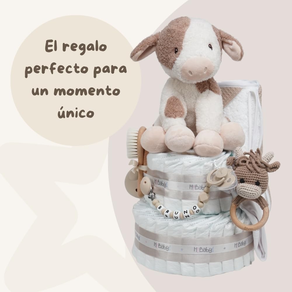 Tarta de pañales personalizada para bebé Vaquita Moo, Regalo Original para Baby Shower, Recién Nacido, Bautizo, Pañales D. Sensitive, Pastel de pañales