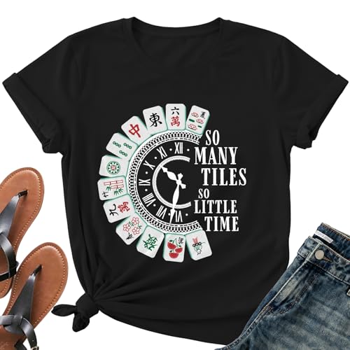 Image of Mahjong Shirts for Women-Mahjong Tiles Clock Short Sleeves | Soft Lightweight Crew Neck Shirt Great for Mahjong Party Gatherings Game Night Gift Tee for Mahjong Players