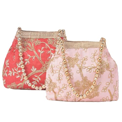 Image of Kuber Industries Pack of 2 Potli Bags for Ladies & Girls | Women Shagun Pouches for Festive Seasons | Bridal Purse | Moti Embroidery- Peach & Red