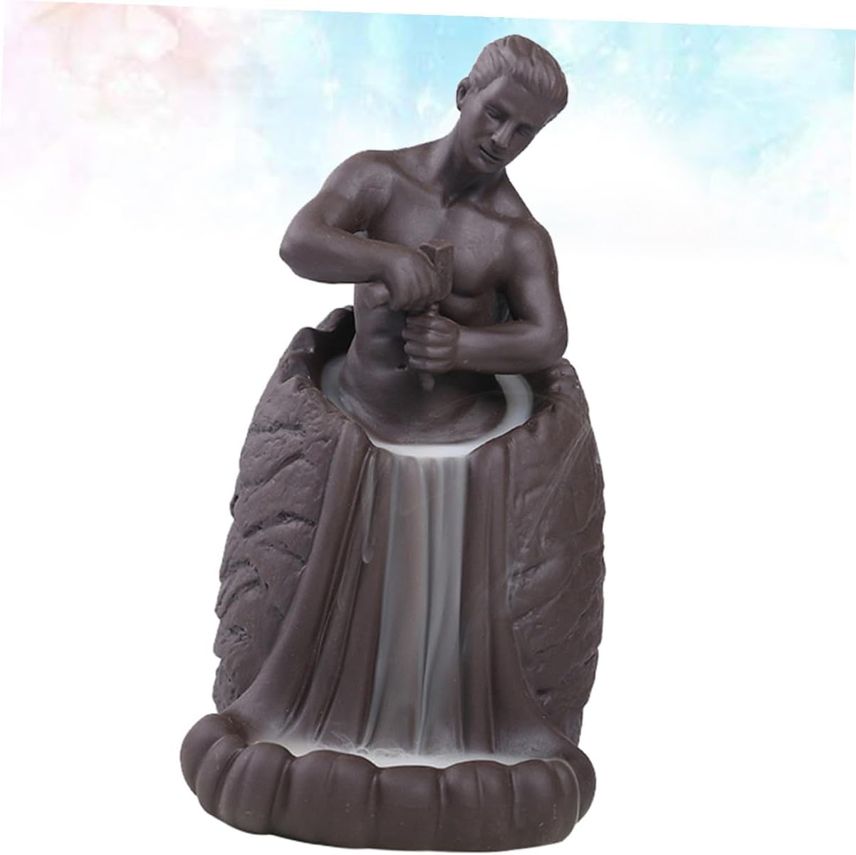 Backflow Incense Holder Ceramic Burner with Self Carving Man Figurine Aroma Therapy Insert for Home and Office Desktop Decoration