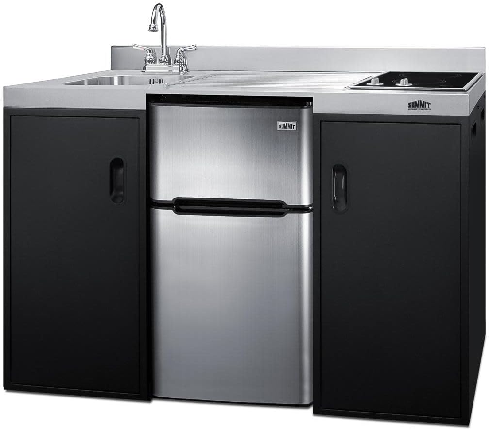 Summit 54" Wide All-In-One Kitchenette, 2-door refrigerator-freezer, 2-Burner Cooktop, Sink, and Storage, Black and Stainless- CK55ADASINKR (SINKR)