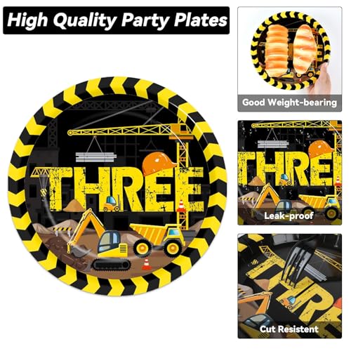 Image of 100 Pcs Construction 3rd Party Plates and Napkins Set 3 Years Old Birthday Decorations Construction Party Supplies Tableware Dump Truck Themed Favors for Birthday Party Decor Serves 25