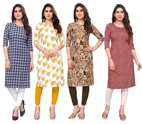Image of JAKHANA Women's Crepe Printed Casual Straight Calf Length Round Nick Kurta Pack of 4