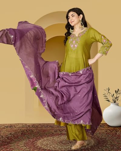 Image of Amazon Brand - Tavasya Women Cotton Blend Zari Sequin Thread EmbroideKurta Set with Palazzo and Dupatta for Daywear